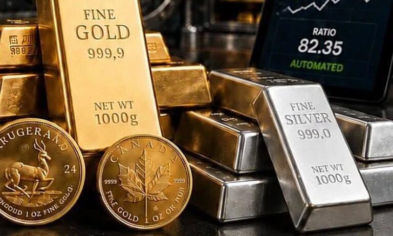 Gold- und Silberbarren mit Anzeige der Gold-Silber-Ratio